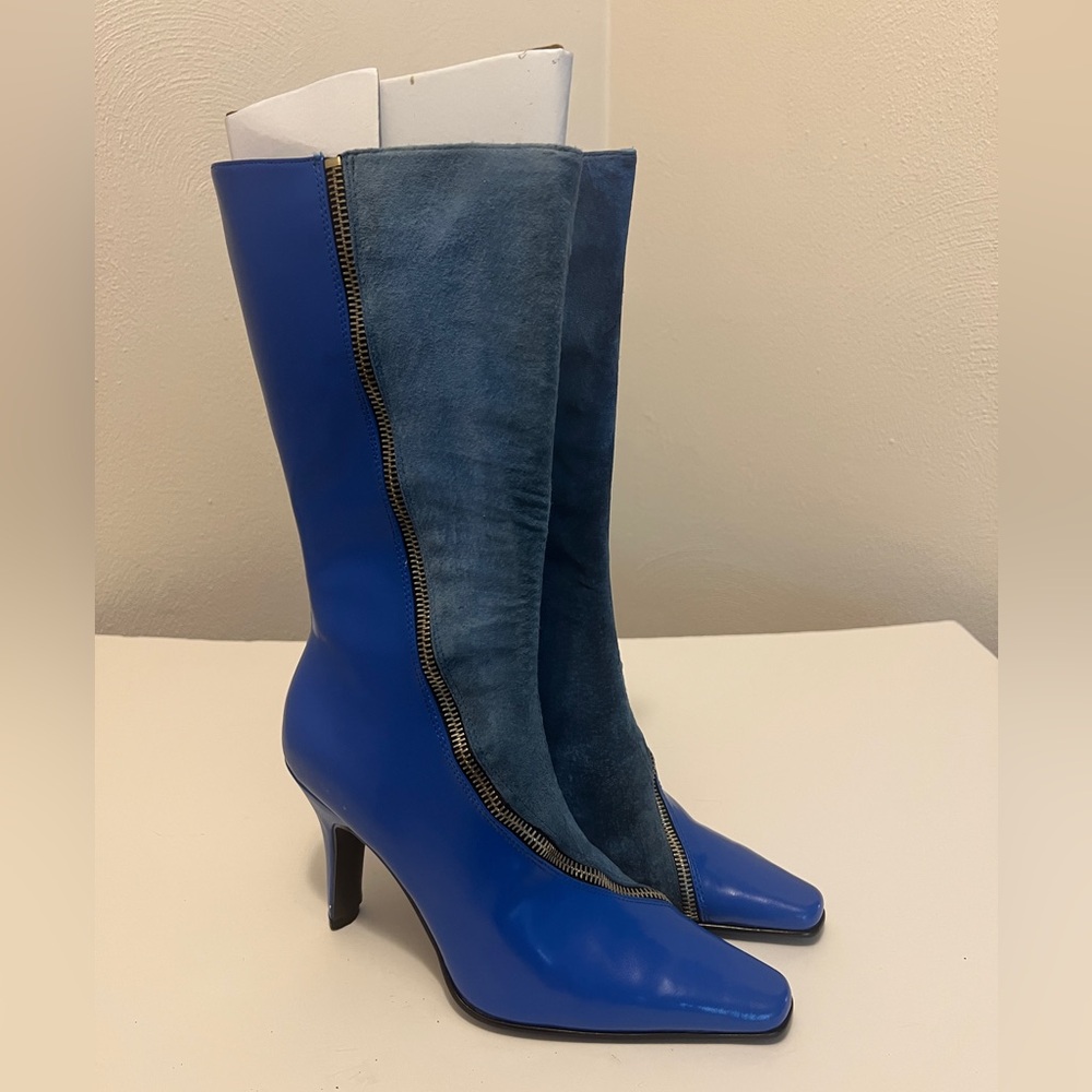 Women’s Two-Tone Blue Heel Boots – Faux Leather & Suede, Size 7, Coup D’état